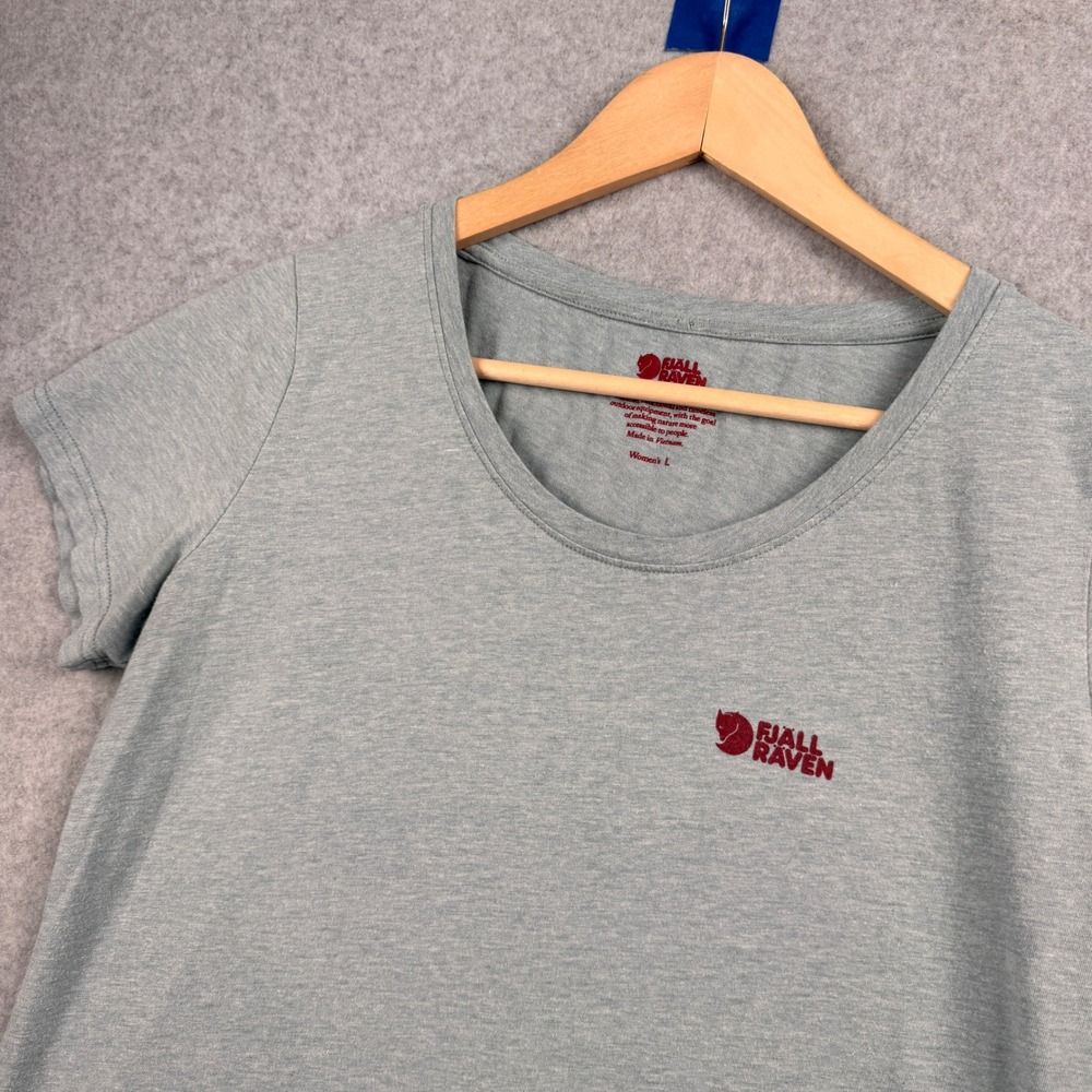 Fjallraven T Shirt Womens Large Blue Heathered Scoop Neck Logo Top Short Sleeve